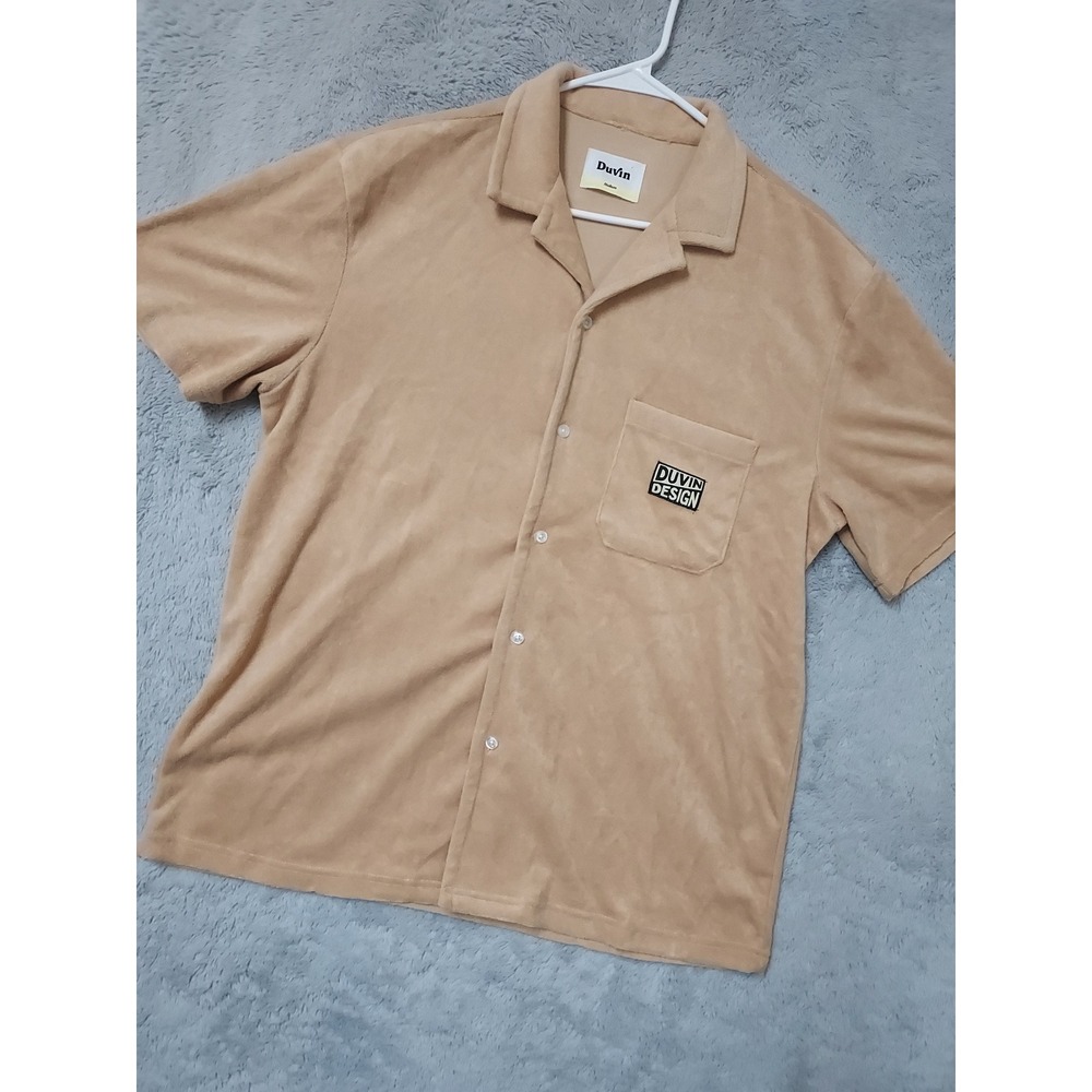 Duvin Designs Shirt Mens Medium Terry Cloth Button Up Camp Collar Tan Beach Prep